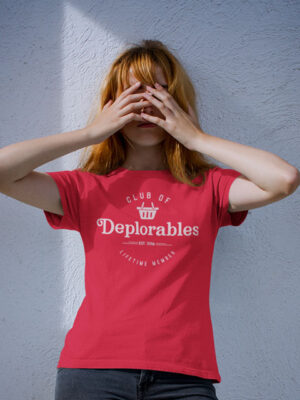 woman wearing red club of deplorables t shirt
