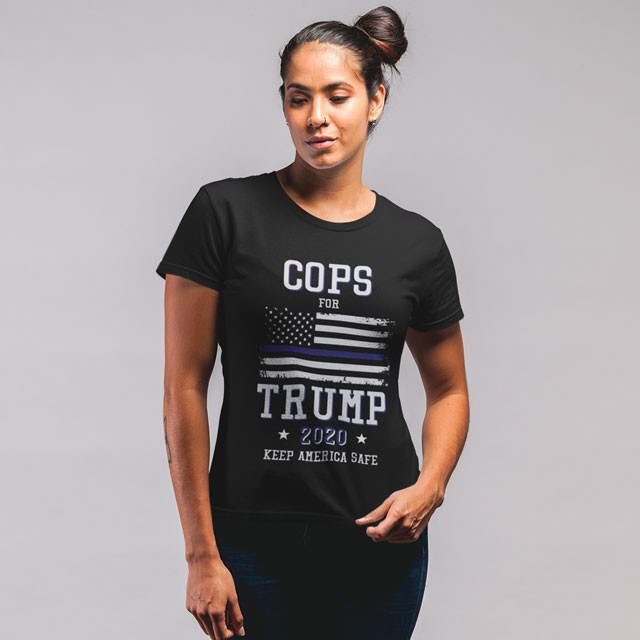 a woman wearing cops for trump 2020 t shirt